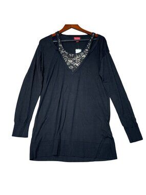 NWT Elle Women's L Black Long-Sleeve Tunic Lace  Cut off Sweater  i2011